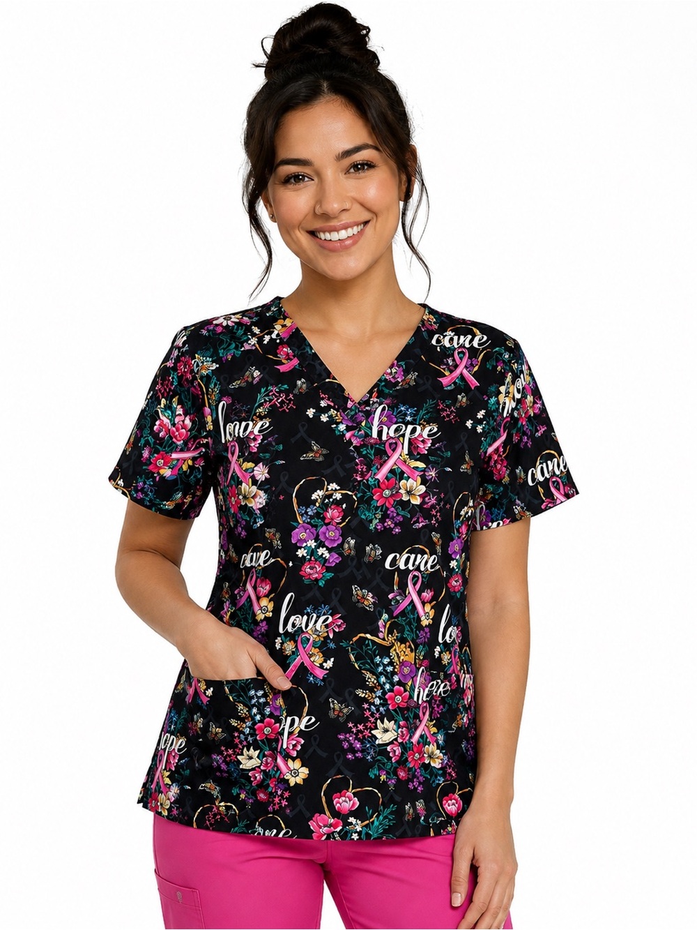 Cherokee CK616 Modern Classic Breast Cancer Pink Ribbon Floral Scrub Top L